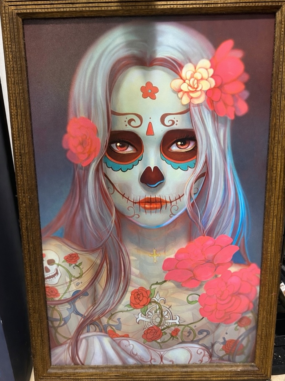 Large Framed Day of the Dead Sugar Skull Woman Art Boho Gothic Wall Decor